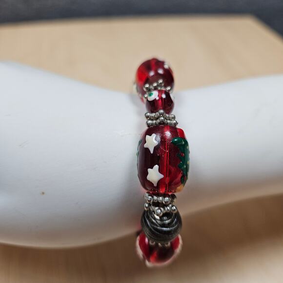Vintage Lamp Work Glass Bead Stretch Bracelet Christmas Motif Holiday Anklet - Picture 3 of 6